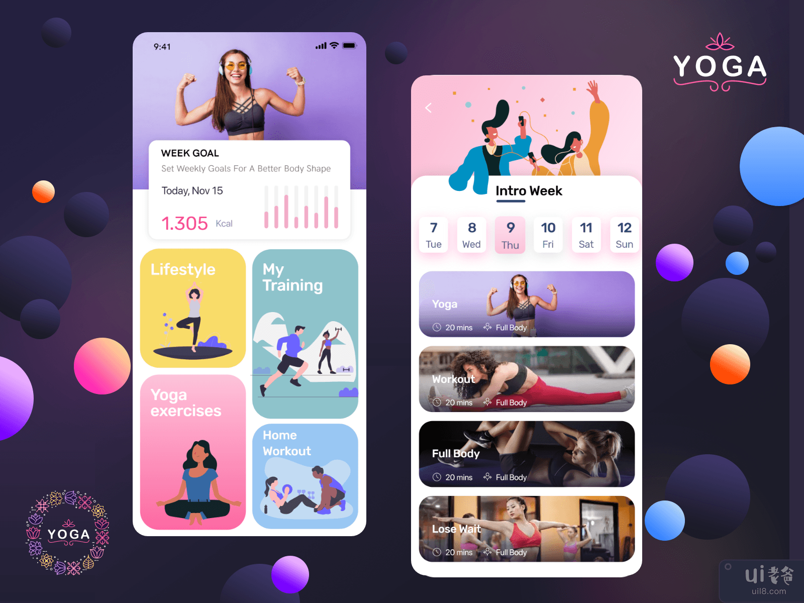 瑜伽应用挑战 - 健身应用 Ui 套件(Yoga App Challenge - Fitness app Ui kits)插图