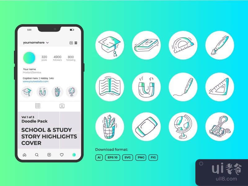 School and study doodle icon for Instagram Highlight Story Cover 1-3