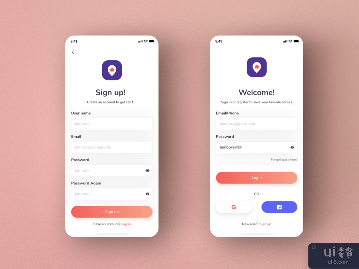 Rent home UI Kit - sign up, welcome
