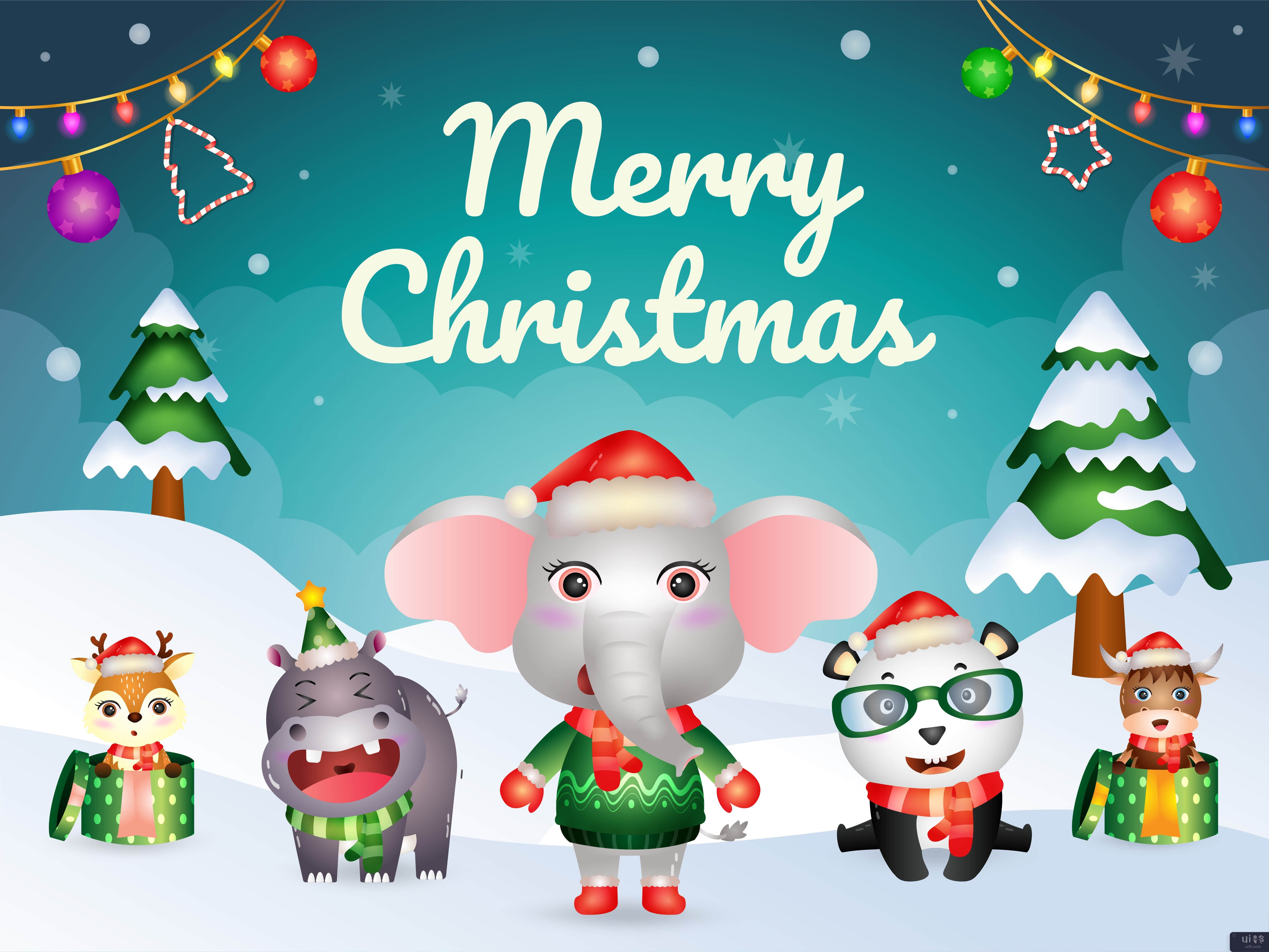 圣诞快乐贺卡与可爱的动物角色(Merry christmas greeting card with cute animals character)插图