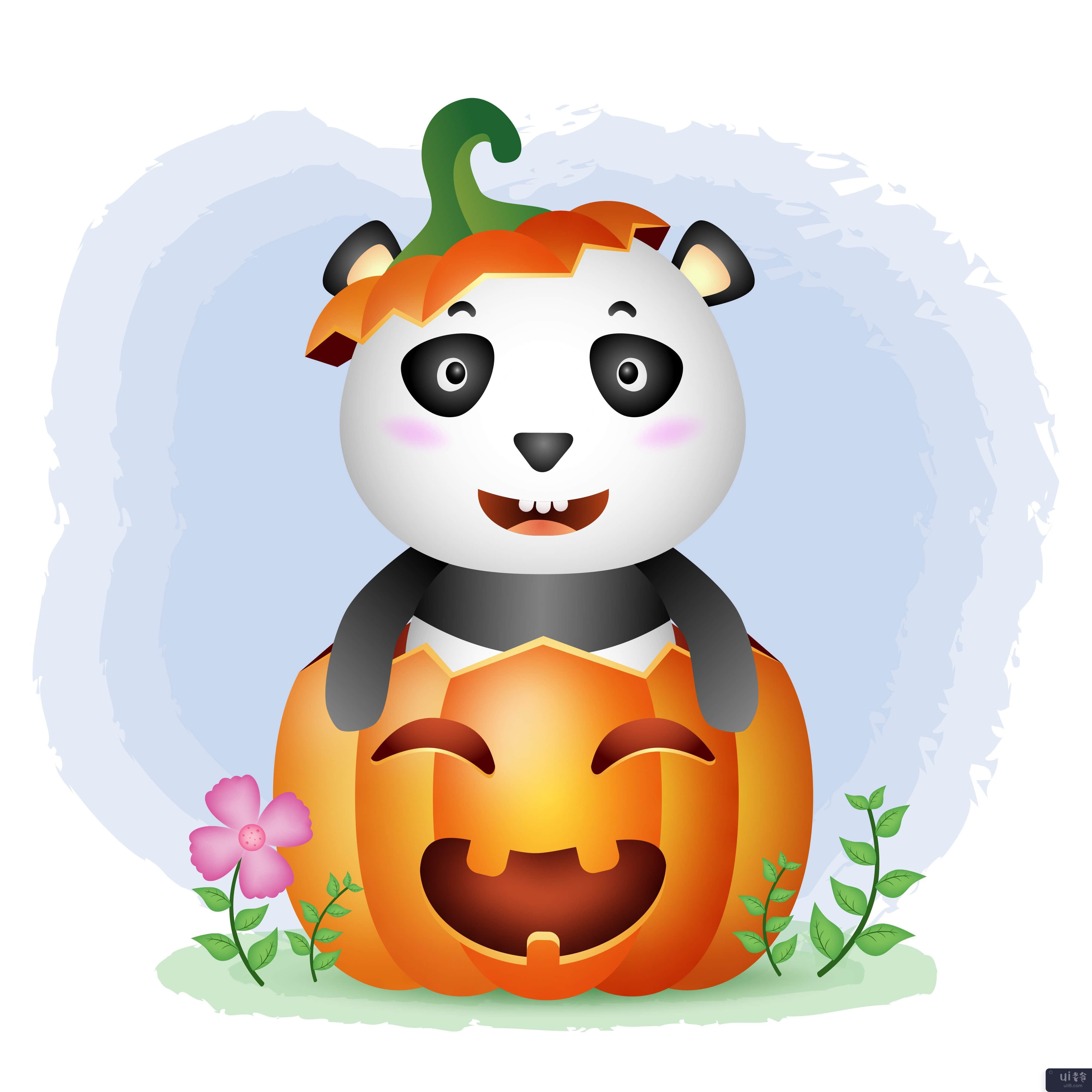 万圣节南瓜里的可爱熊猫(a cute panda in the halloween pumpkin)插图