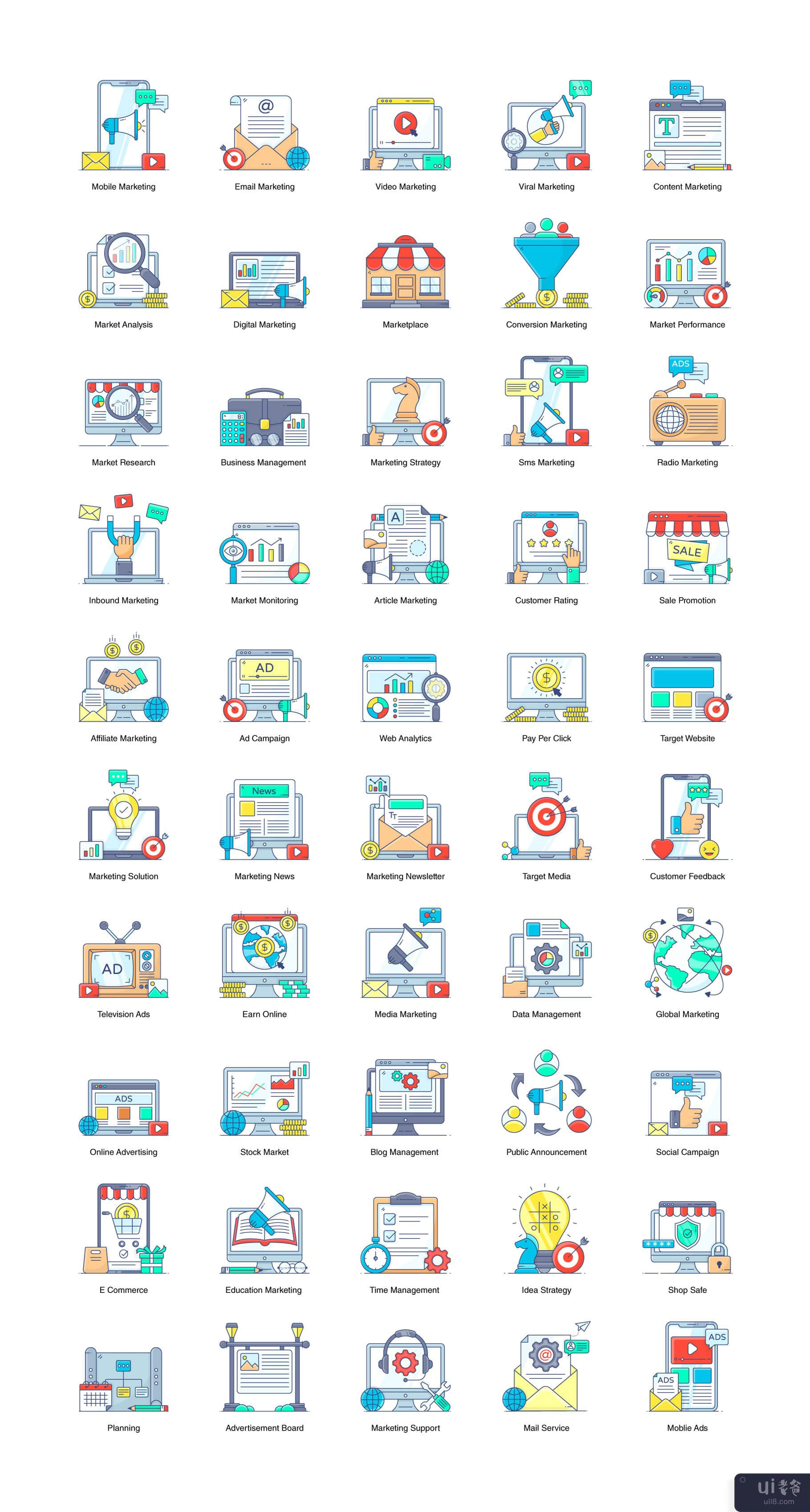 数字营销平面轮廓图标(Digital Marketing Flat Outline Icons)插图2