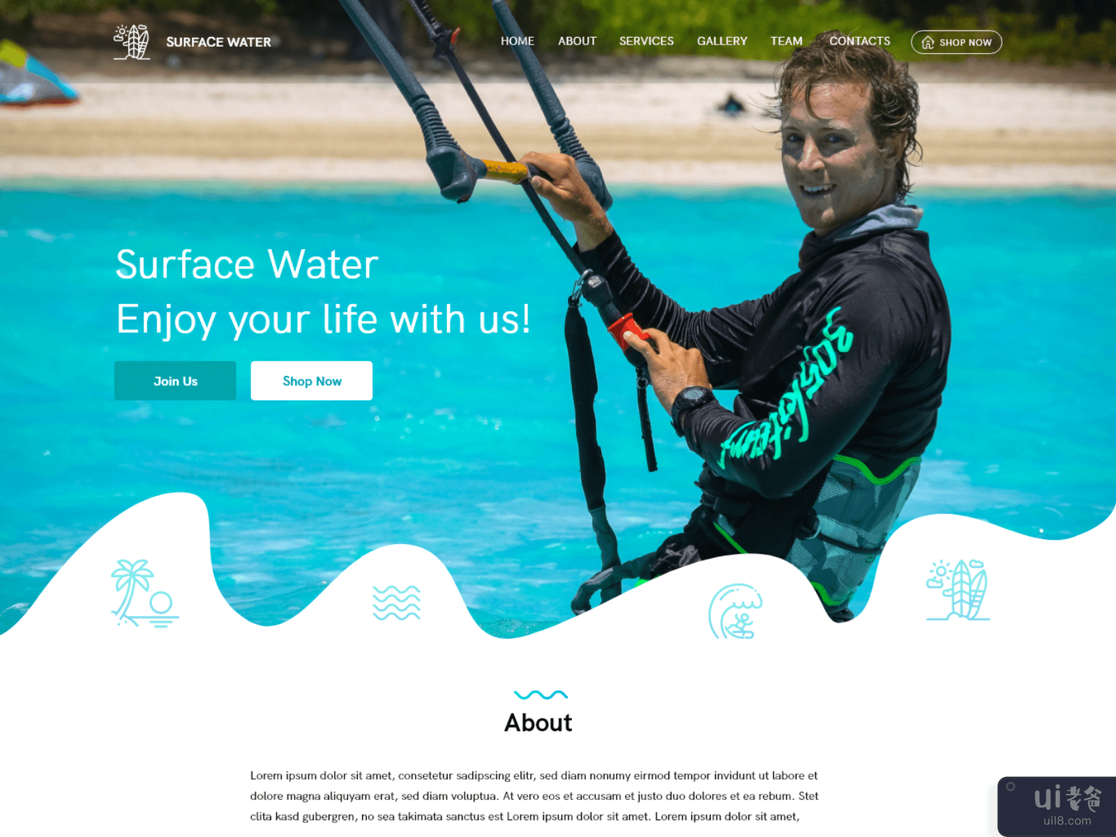 水上冲浪 - 冲浪和水上运动网页模板(Water Surfing - Surfing and Water Sports Web Template)插图6