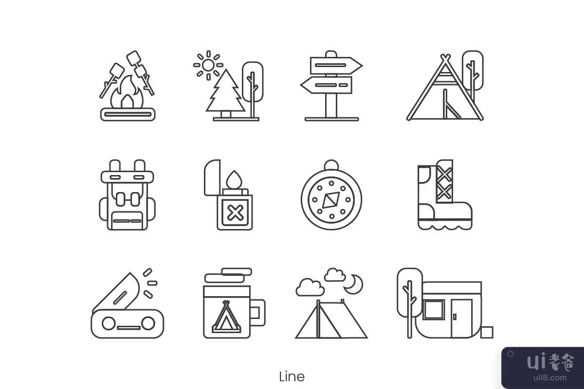 12 个具有 3 种风格的露营图标(12 Camping icons with 3 styles)插图2