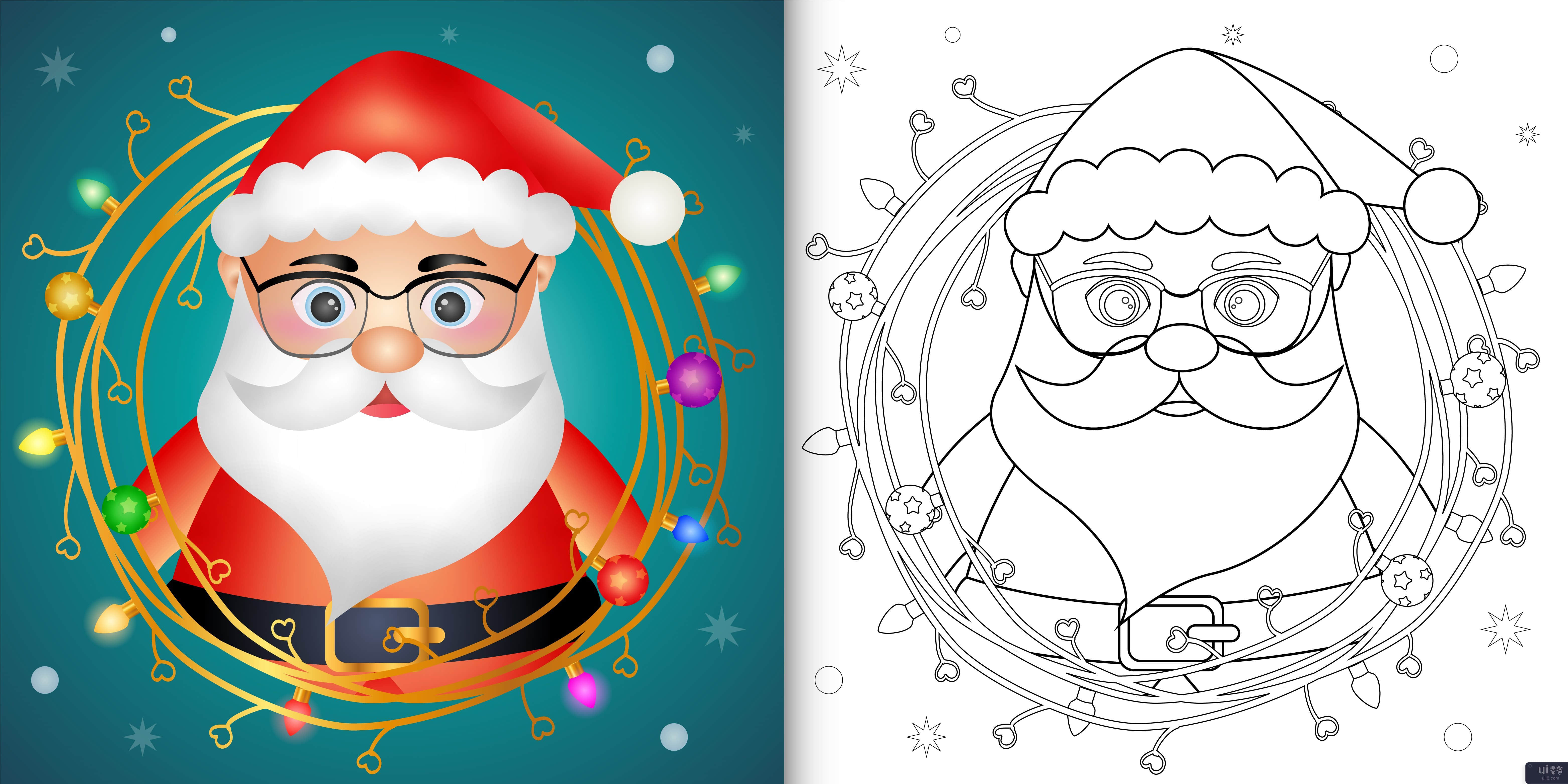 着色书与可爱的圣诞老人与树枝装饰圣诞节(coloring book with a cute santa clause with twigs decoration christmas)插图
