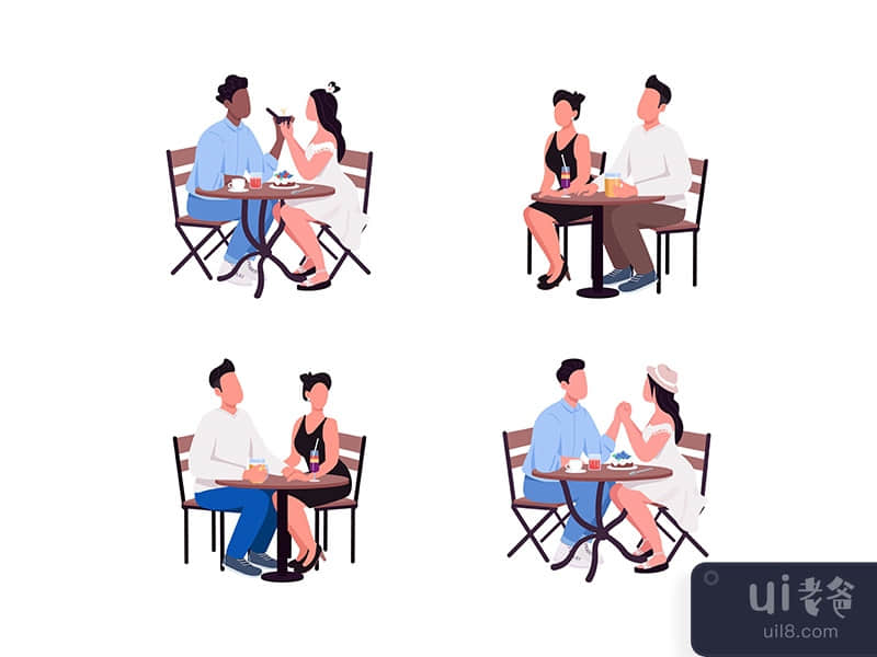 Couples sit at table flat color vector faceless character set