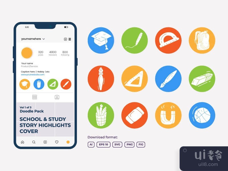 School and study doodle icon set for Instagram Highlight Story Cover 1-3