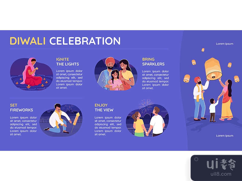 Diwali celebration flat color vector infographic template