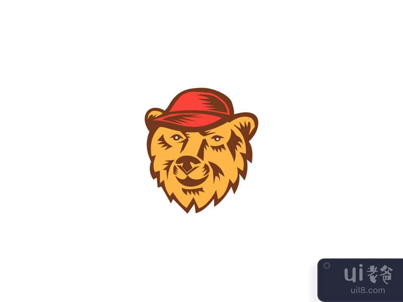 Bear Head Wearing Hat Woodcut