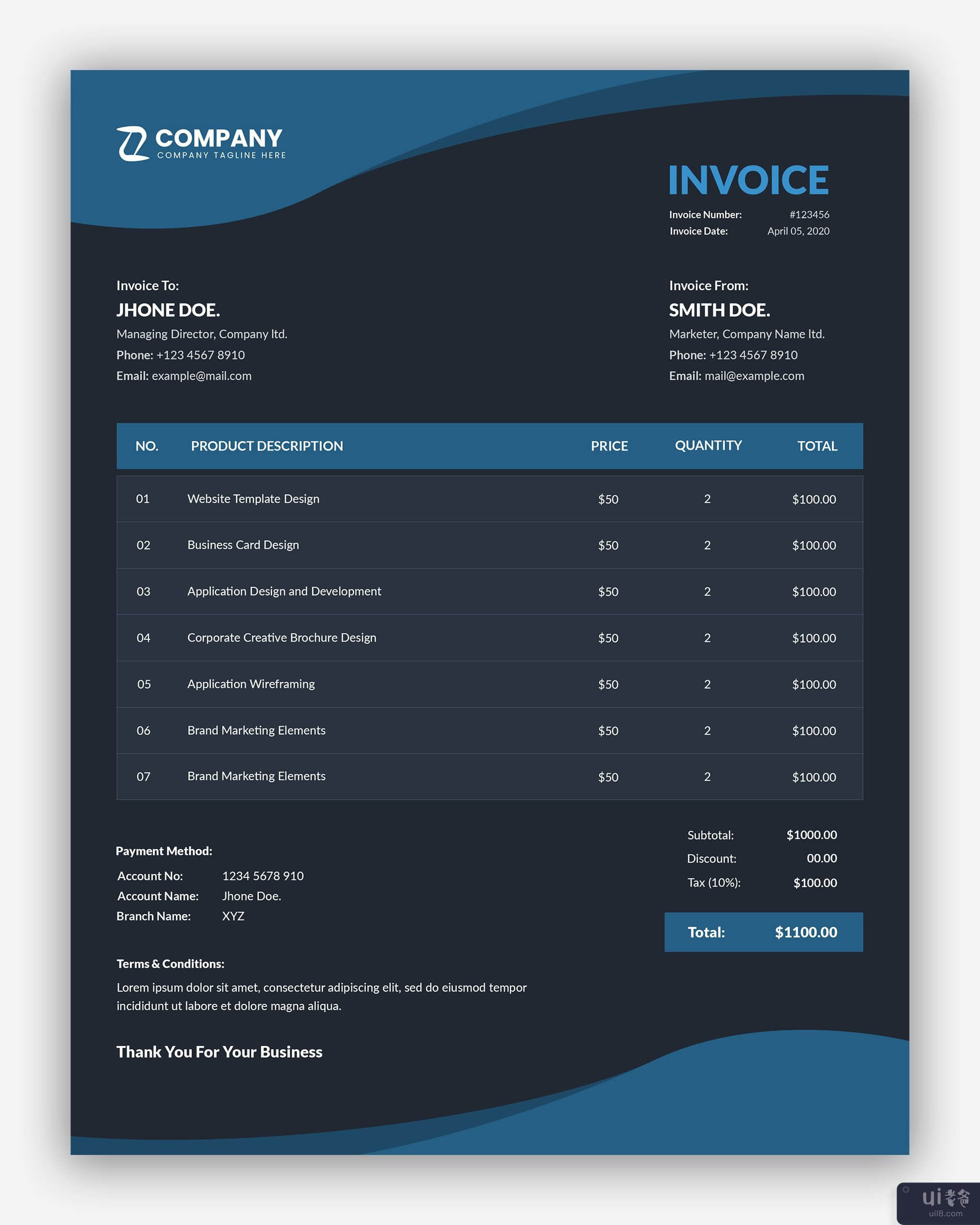 抽象的深蓝色商业发票模板(Abstract dark blue business invoice template)插图