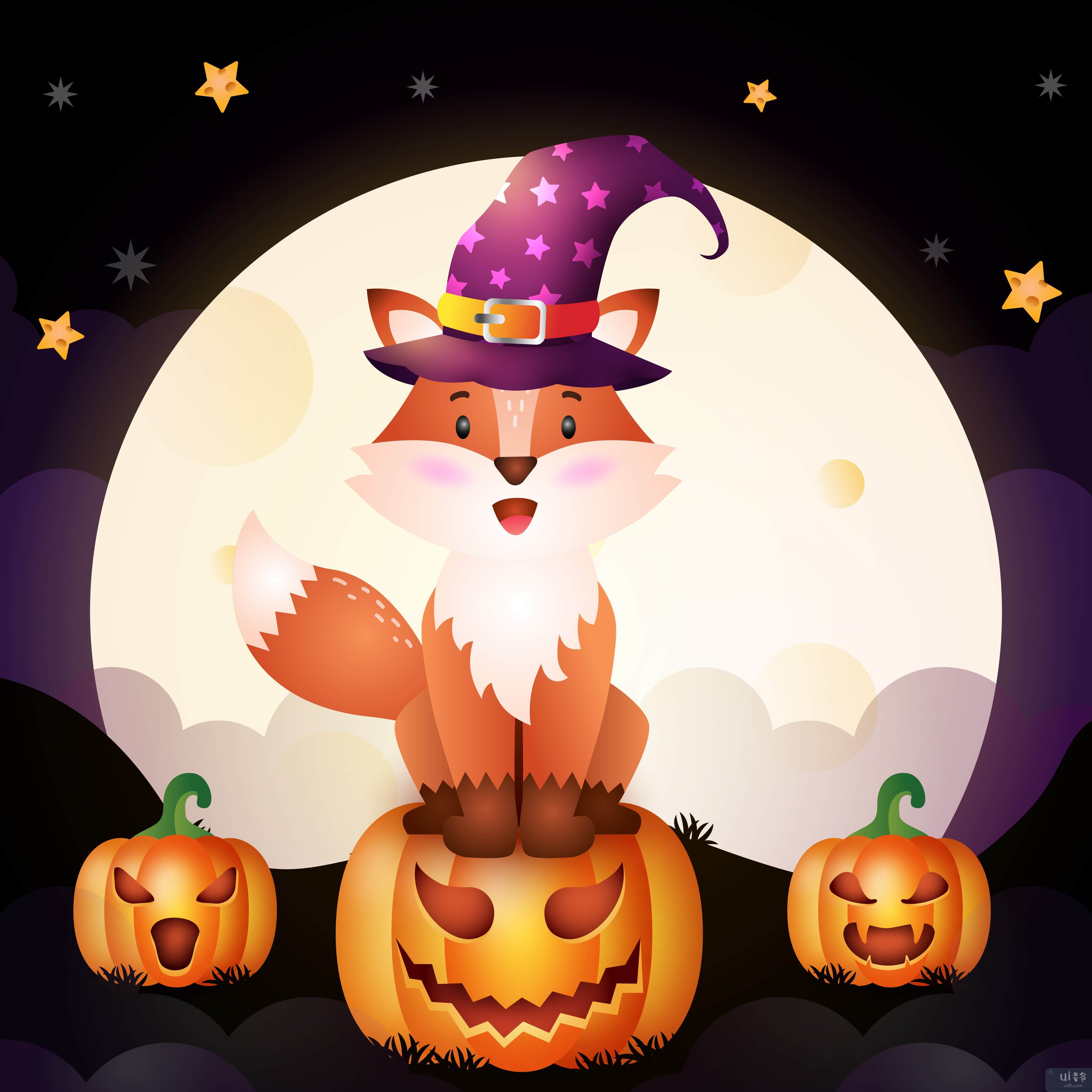 一只可爱的卡通万圣节女巫狐狸的插图(Illustration of a cute cartoon halloween witch fox)插图