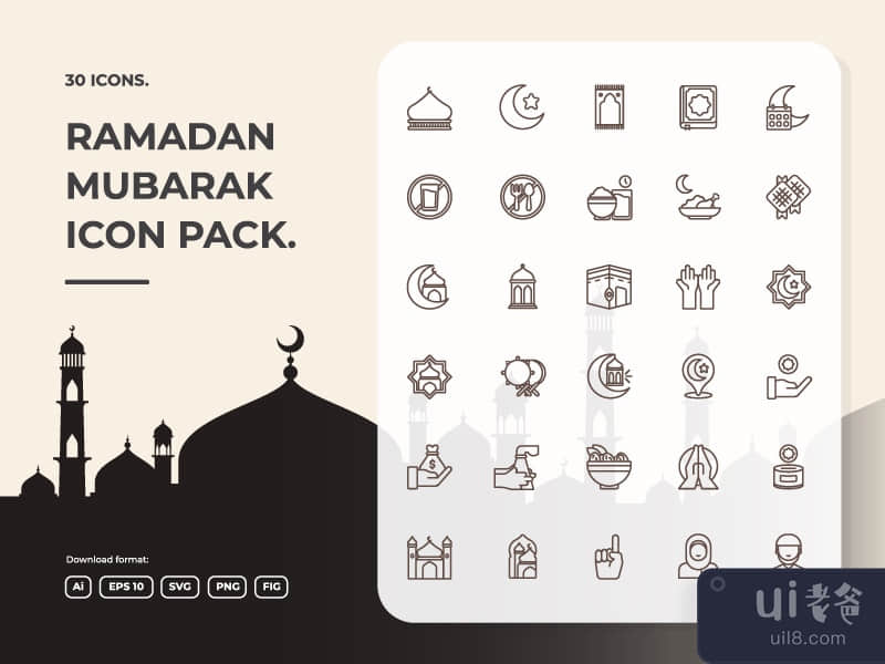 30 Muslim and Ramadan Mubarak theme concept illustrations line icon set