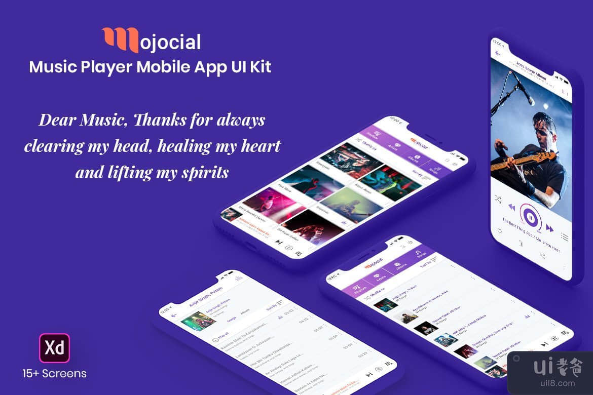 Mojocial-音乐播放器移动应用程序 UI 套件 (Adobe XD)(Mojocial-Music Player Mobile App UI Kit (Adobe XD))插图