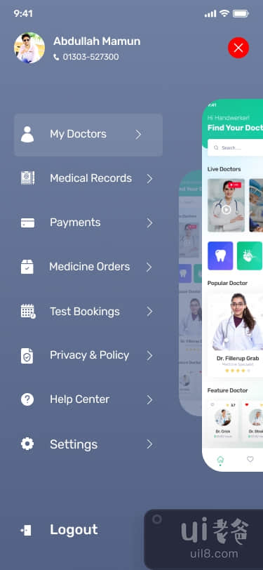 Doctor app ui（现场医生和菜单屏幕）(Doctor app ui ( live doctor and menu screens ))插图
