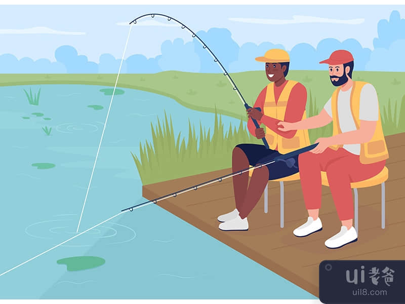 Fishing with friend flat color vector illustration
