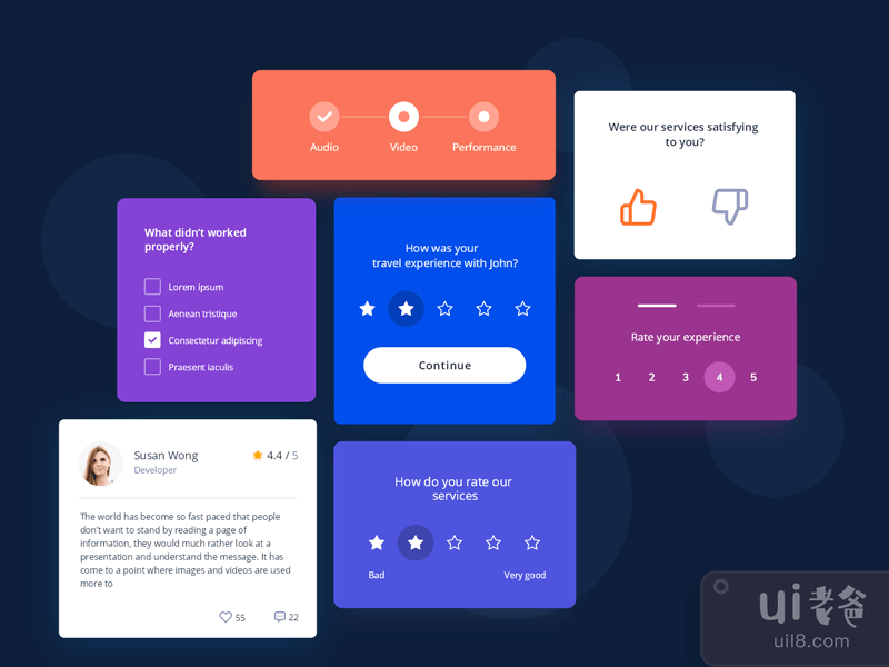 Feedback, Survey, Review, Rating Cards UI Design