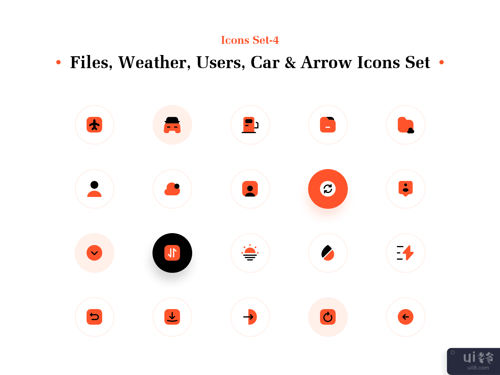 文件、天气、用户、汽车和箭头图标集(Files, Weather, Users, Car & Arrow Icons Set)插图