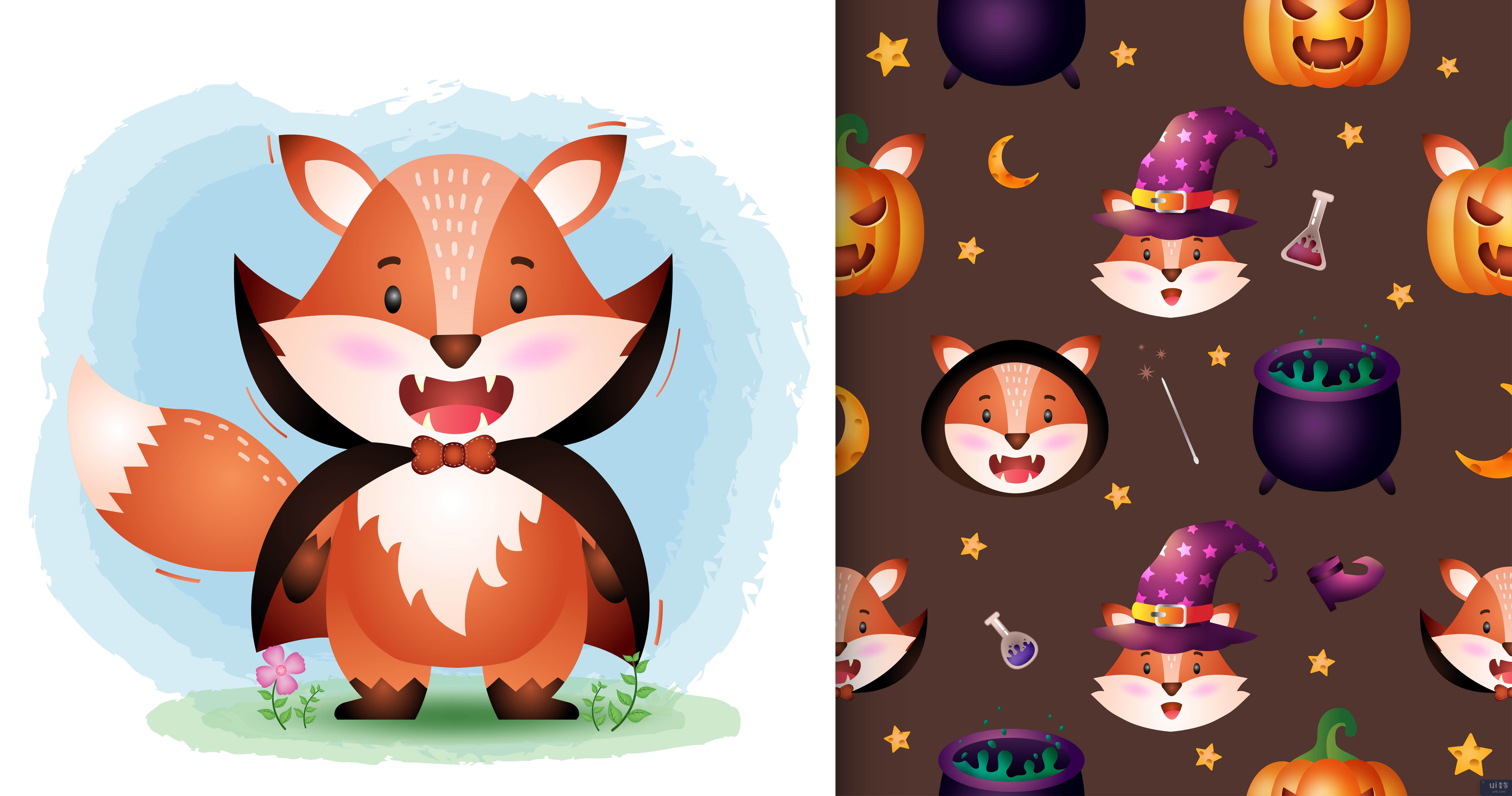 一只可爱的狐狸，穿着德古拉服装万圣节人物无缝图案(a cute fox with dracula costume halloween character seamless pattern)插图
