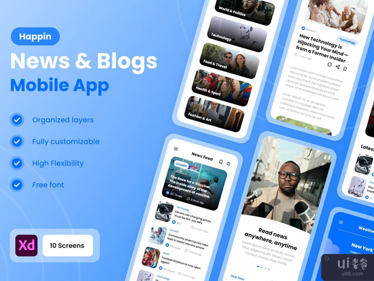 Happin - News & Blogs Mobile App UI Kit
