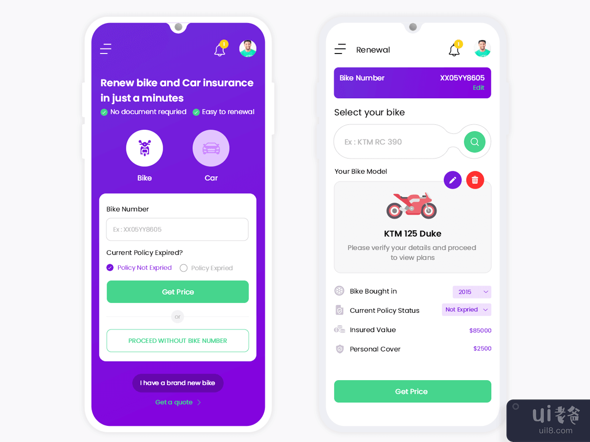 在线购买自行车和汽车保险移动应用程序 UI 套件(Buy Bike and Car Insurance online Mobile App UI Kit)插图1