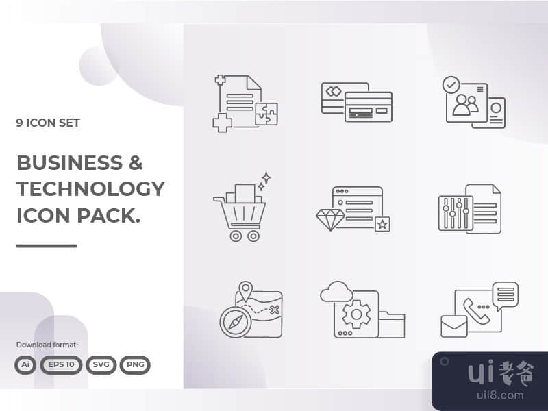 9 Business and technology line icon set