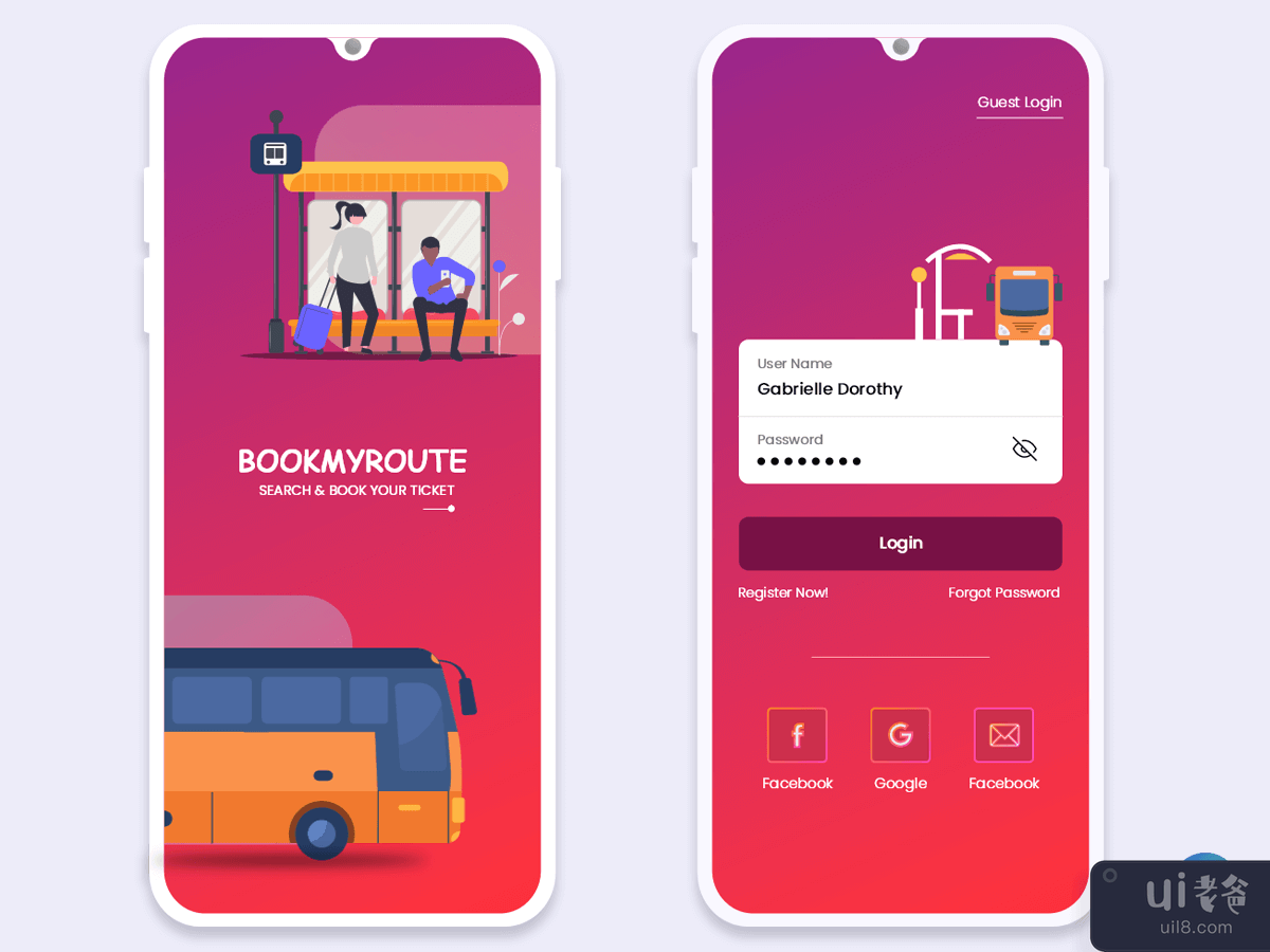 在线巴士票预订移动应用程序 UI 套件(Online Bus Tickets Booking Mobile App UI Kit)插图1