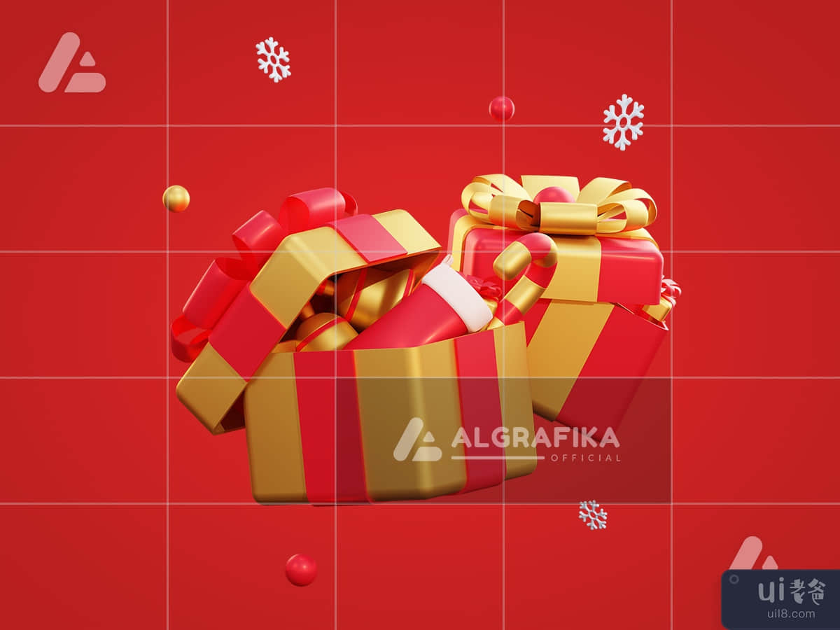 3d christmas golden giftbox and snowflake