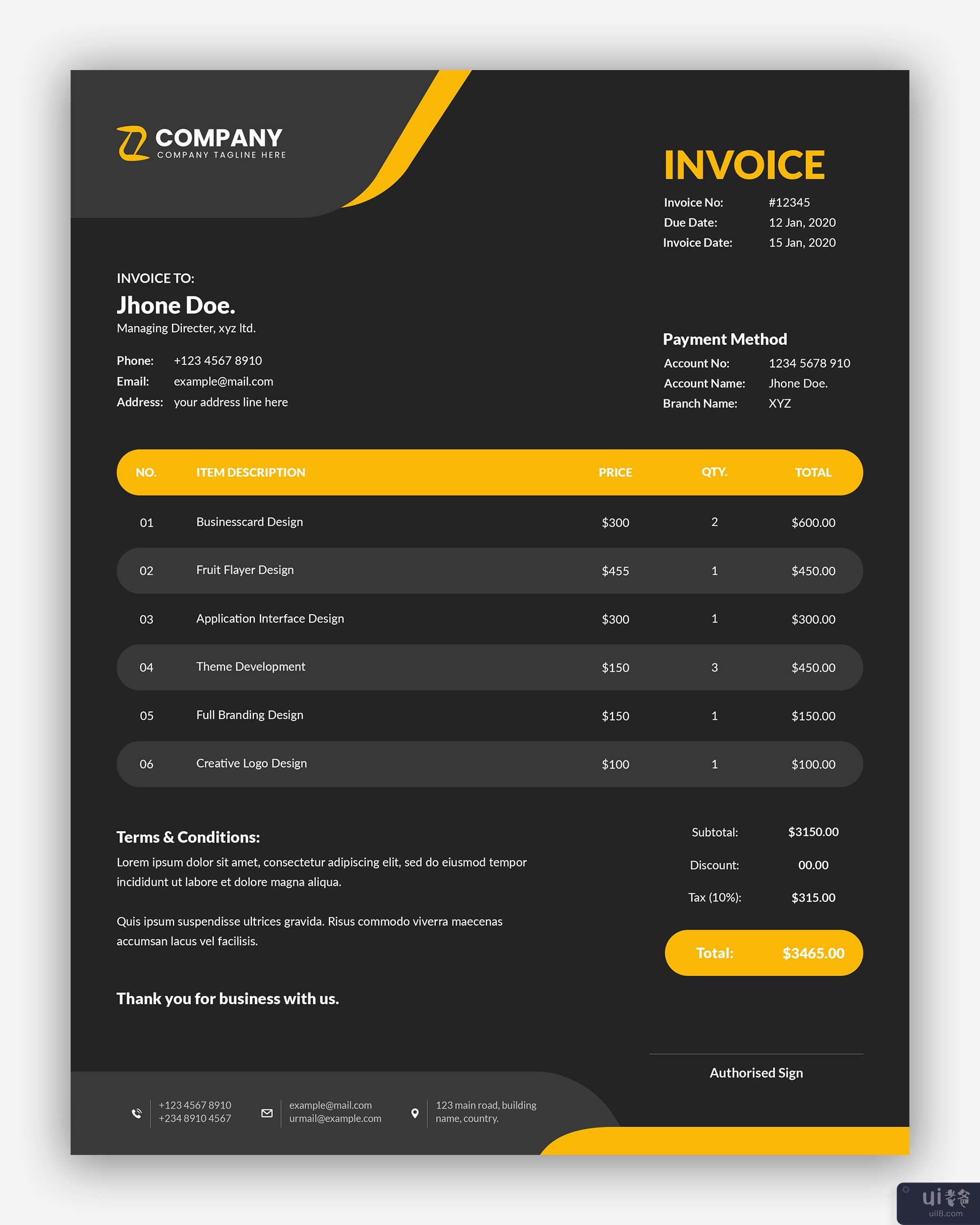 深黄色商业发票模板(Dark yellow business invoice template)插图