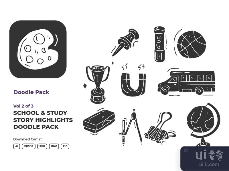 Vol 2 of 3 Set of hand drawn doodle school and study icon illustration