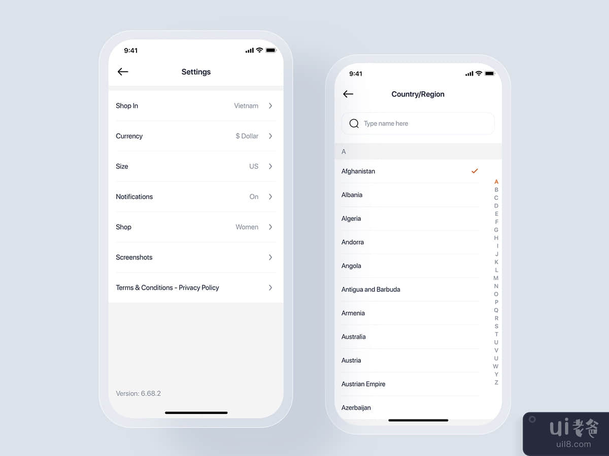 Select a Country - Beauty mobile UI concept