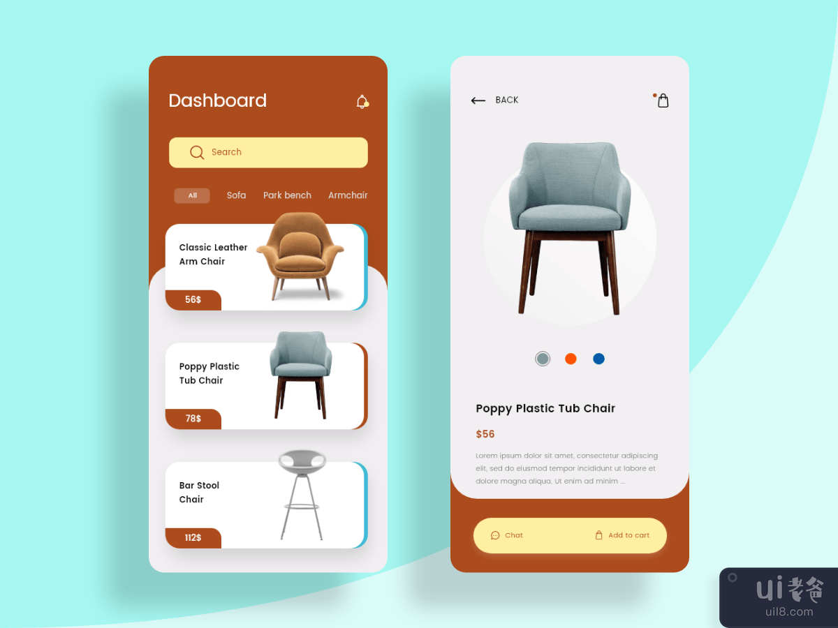 Fuuriture 应用程序的仪表板和产品详细信息屏幕(Dashboard and Product details screens for Fuuriture app)插图