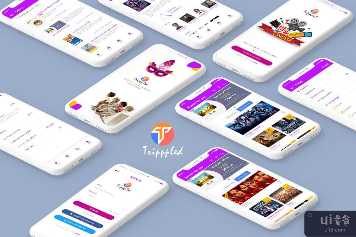 Tripppled - 电影预订移动应用 UI 套件（草图）(Tripppled - Movie Booking Mobile App UI Kit (Sketch))插图2