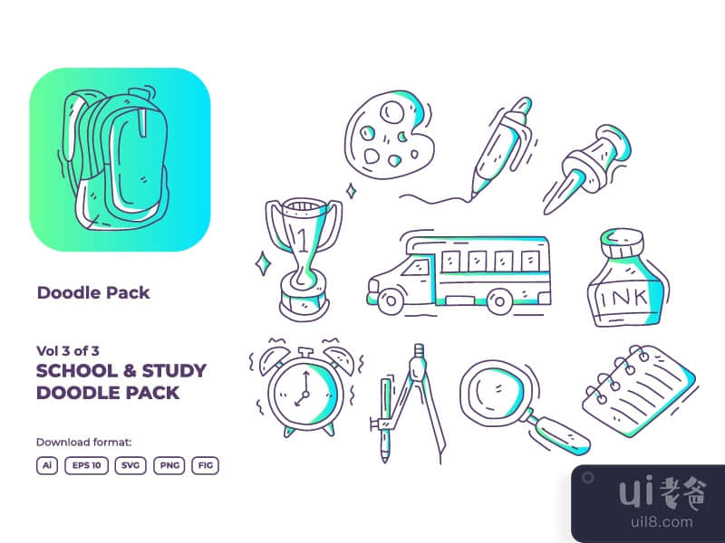 gradient color school and study doodle icon illustration set 3 of 3