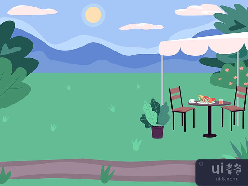 Outdoor picnic spot flat color vector illustration
