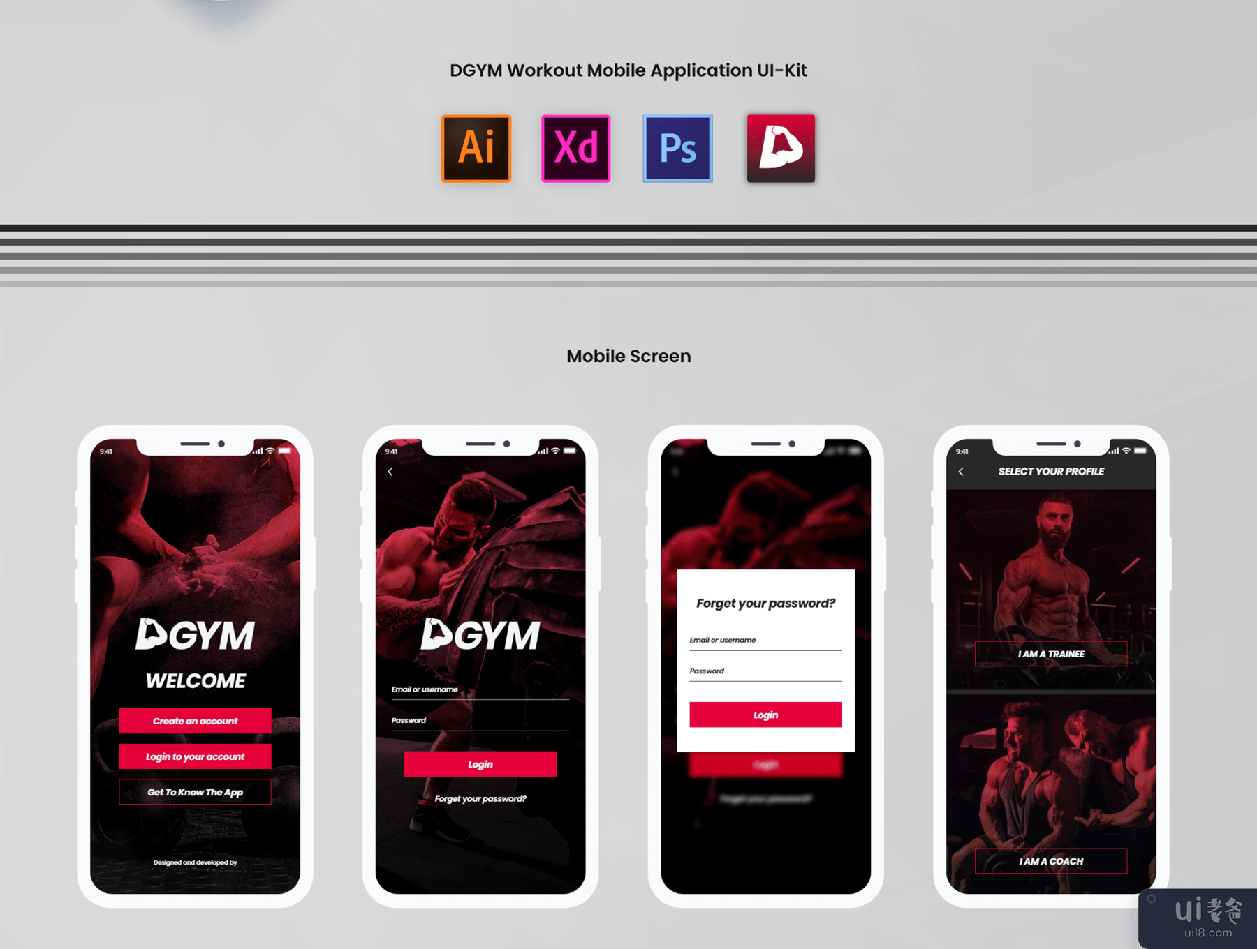 DGYM 健身和锻炼移动应用程序 UI 套件(DGYM Fitness and Workout Mobile Application UI Kit)插图1
