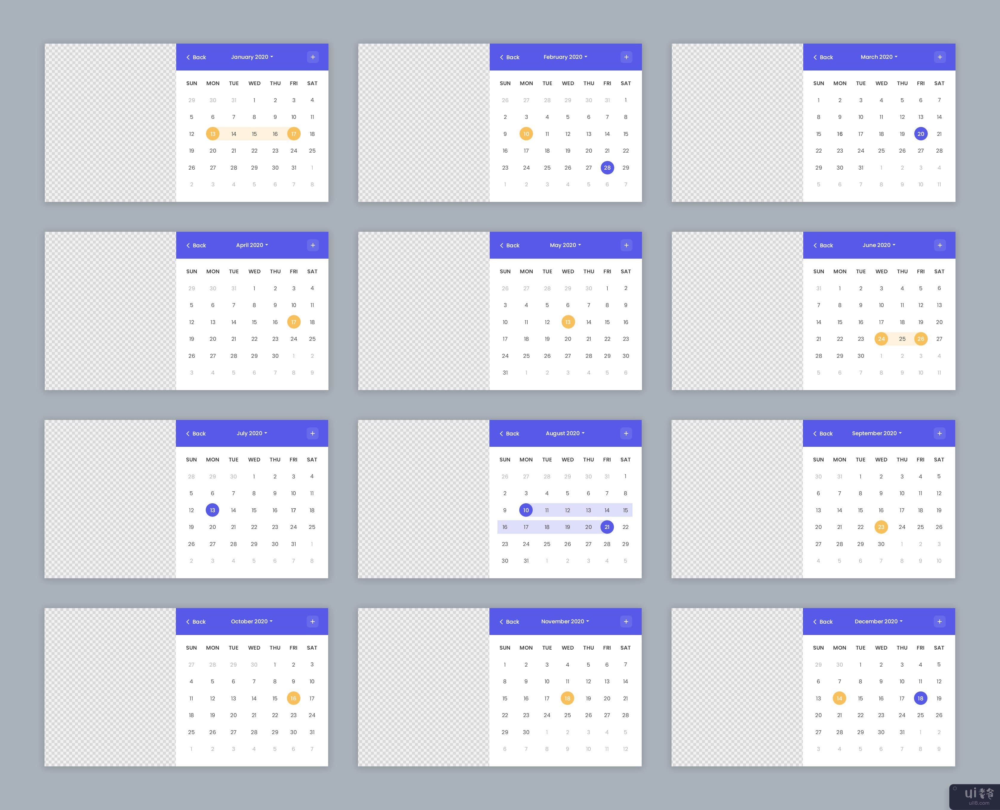 2020 日历 ui 套件、带有真实日期和图像支架的日历元素(2020 Calendar ui kit, Calendar element with real date and image holder)插图