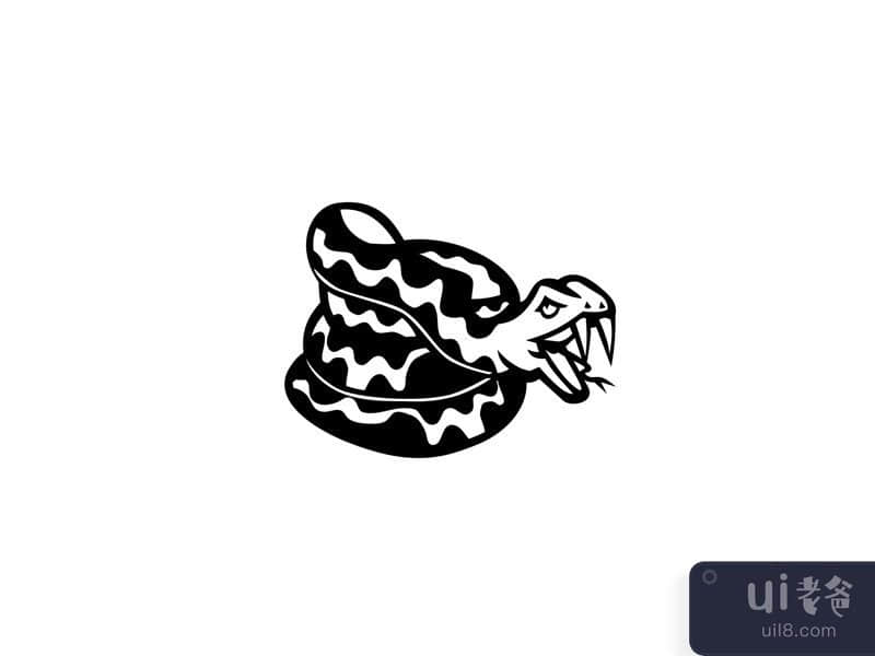 Aggressive Coiled Snake Viper or  Python Mascot Retro Black and White