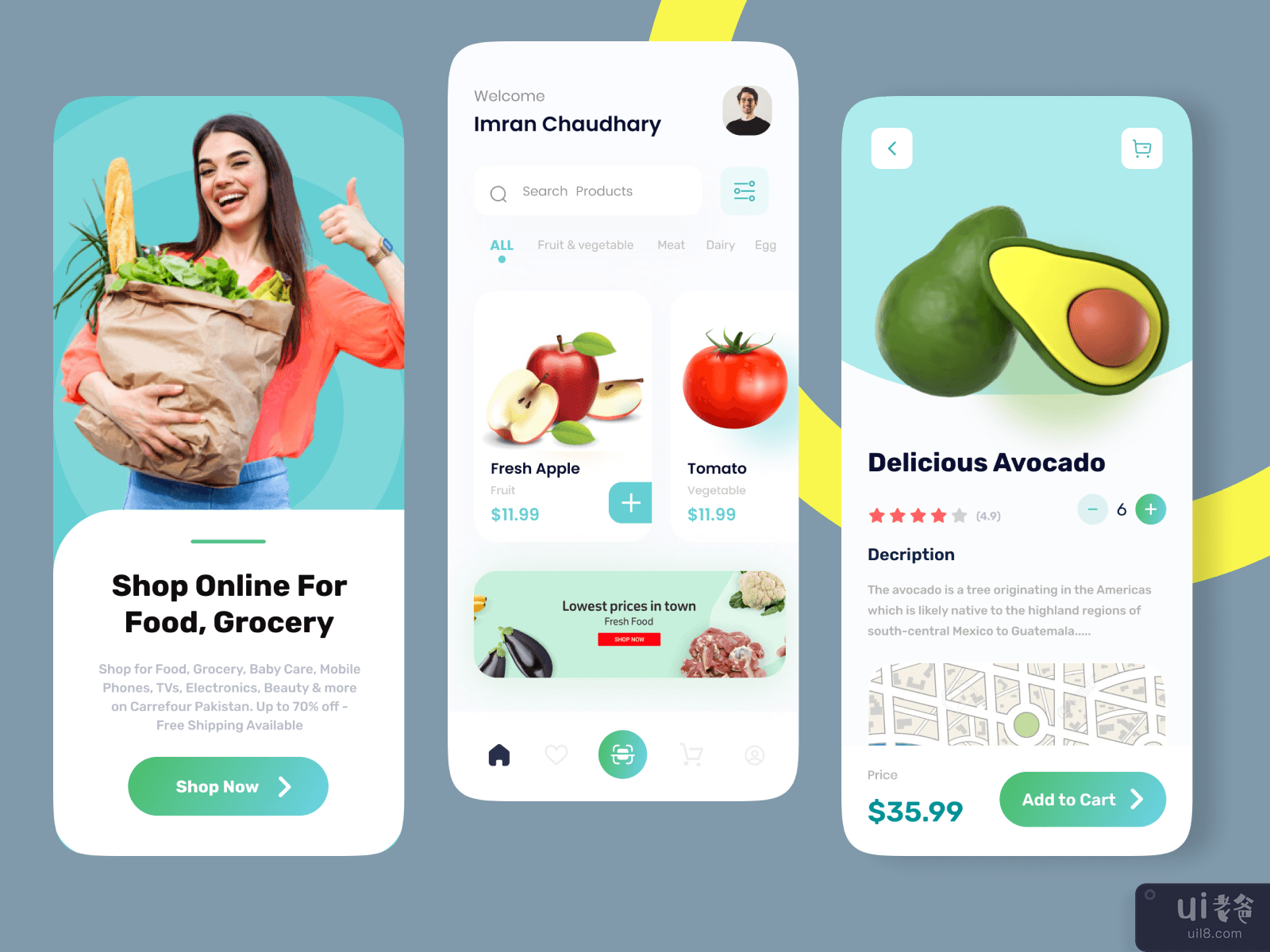 杂货应用程序 iOS 移动 UI 套件 - 食品配送应用程序(Grocery app iOS Mobile UI Kits - Food Delivery App)插图1