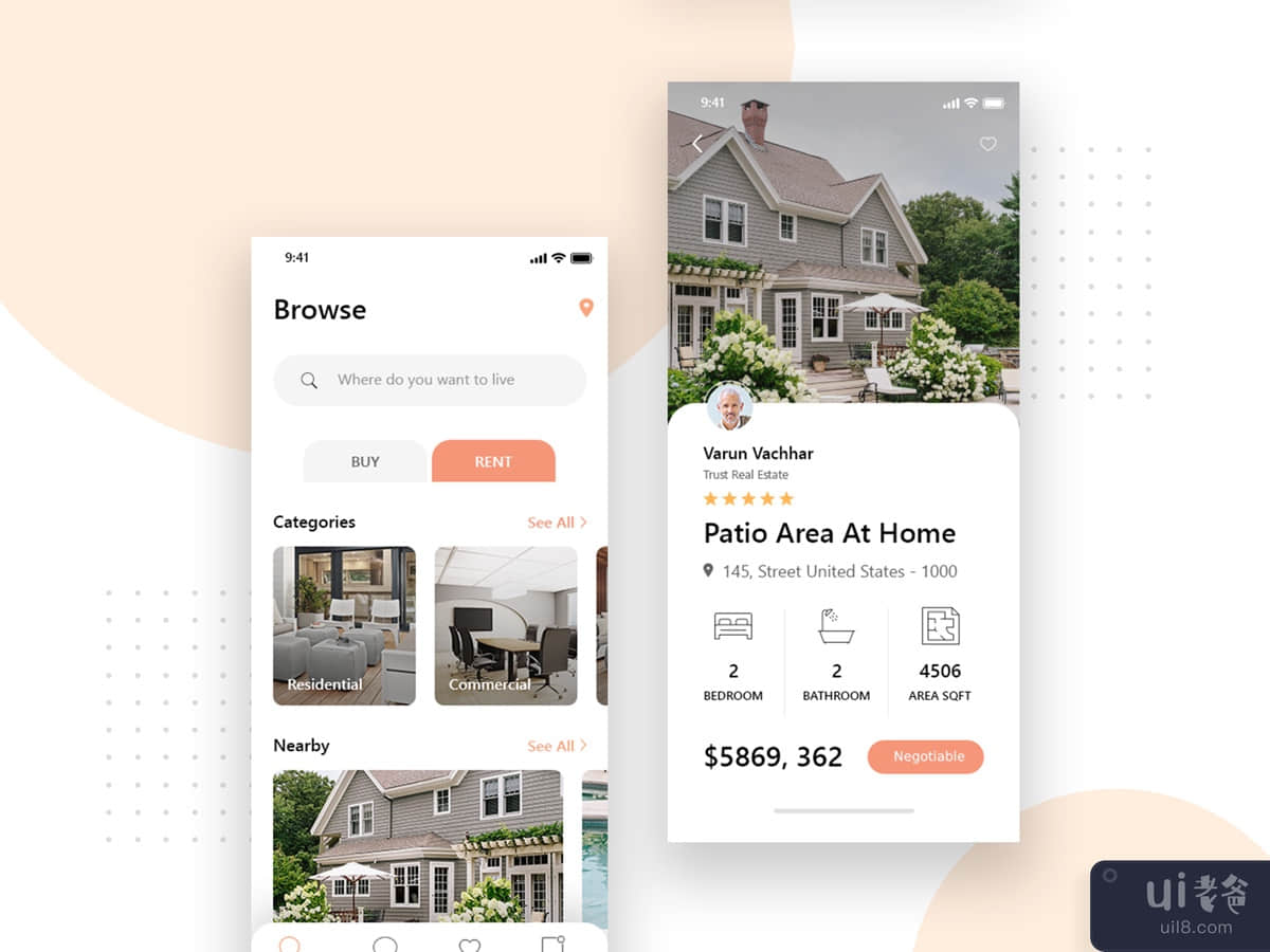 Housing real estate mobile apps screen layout psd template