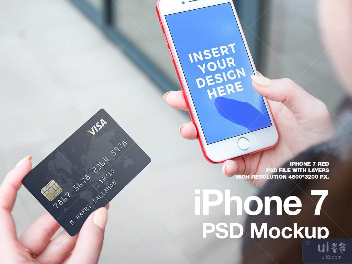 带信用卡的 iPhone 7 RED 样机(iPhone 7 RED Mockup with credit card)插图