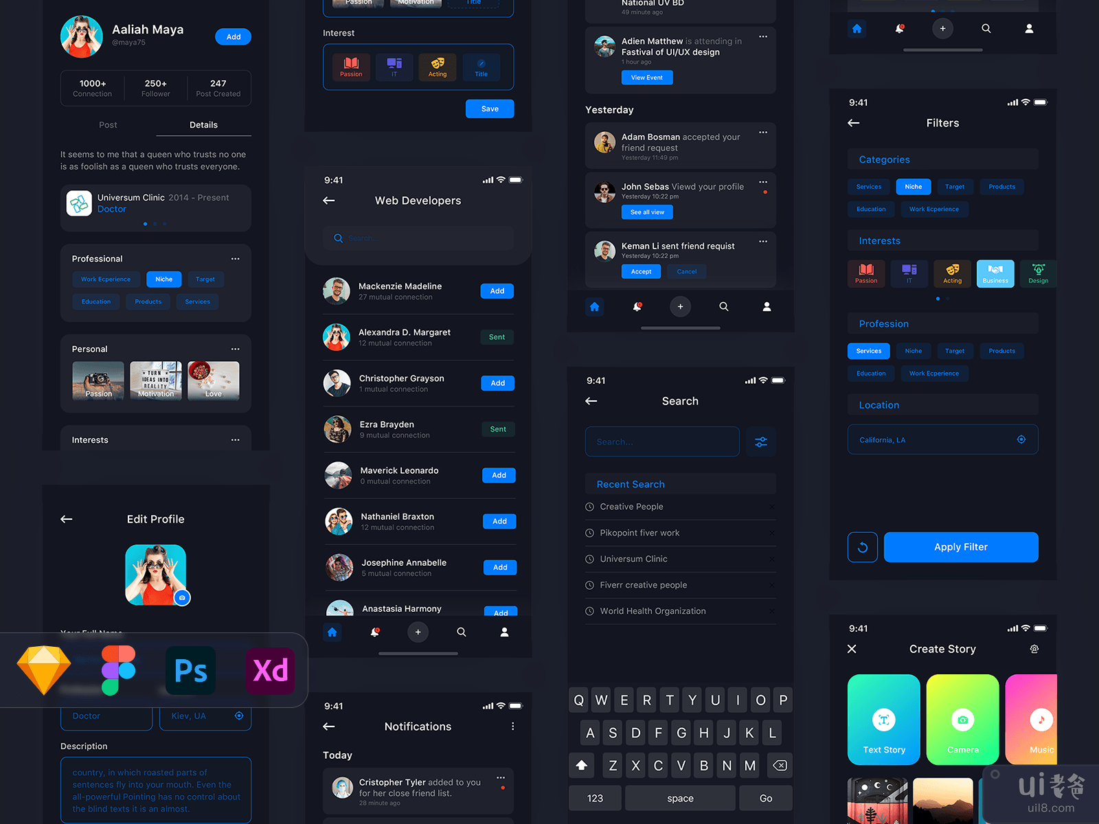 ButrFly - Social UI Kit - Search & Notification - Dark