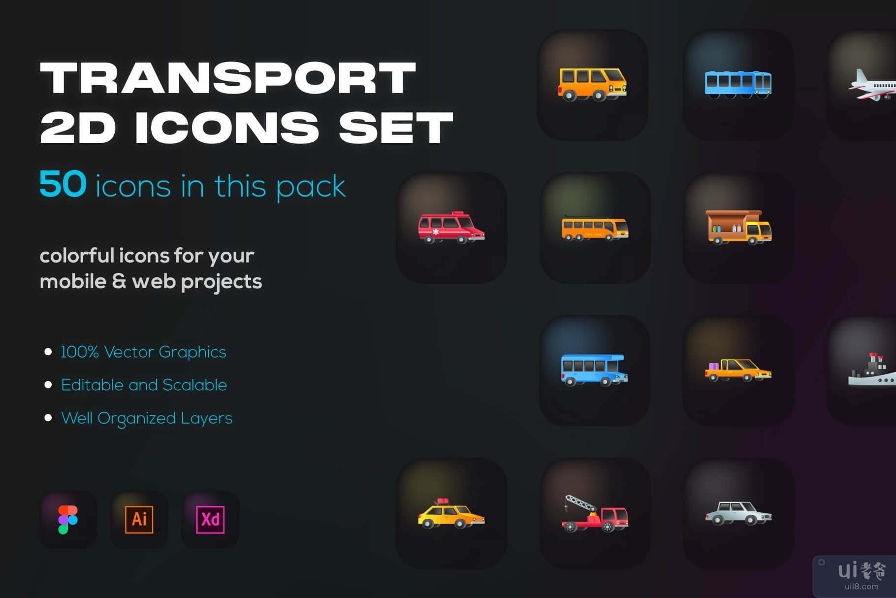 50 运输图标-平面矢量(50 Transport Icons - Flat Vectors)插图