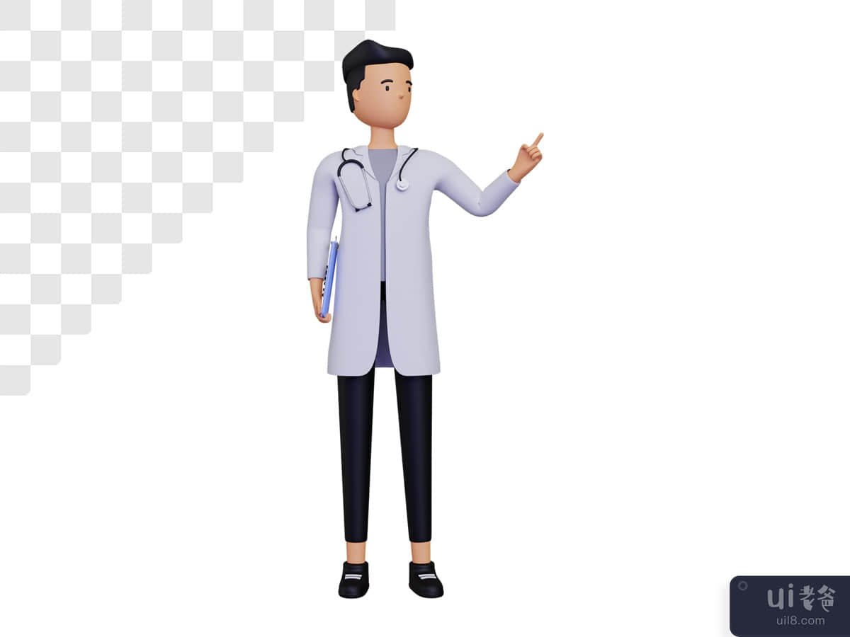 3d male doctor character with hand pointing up