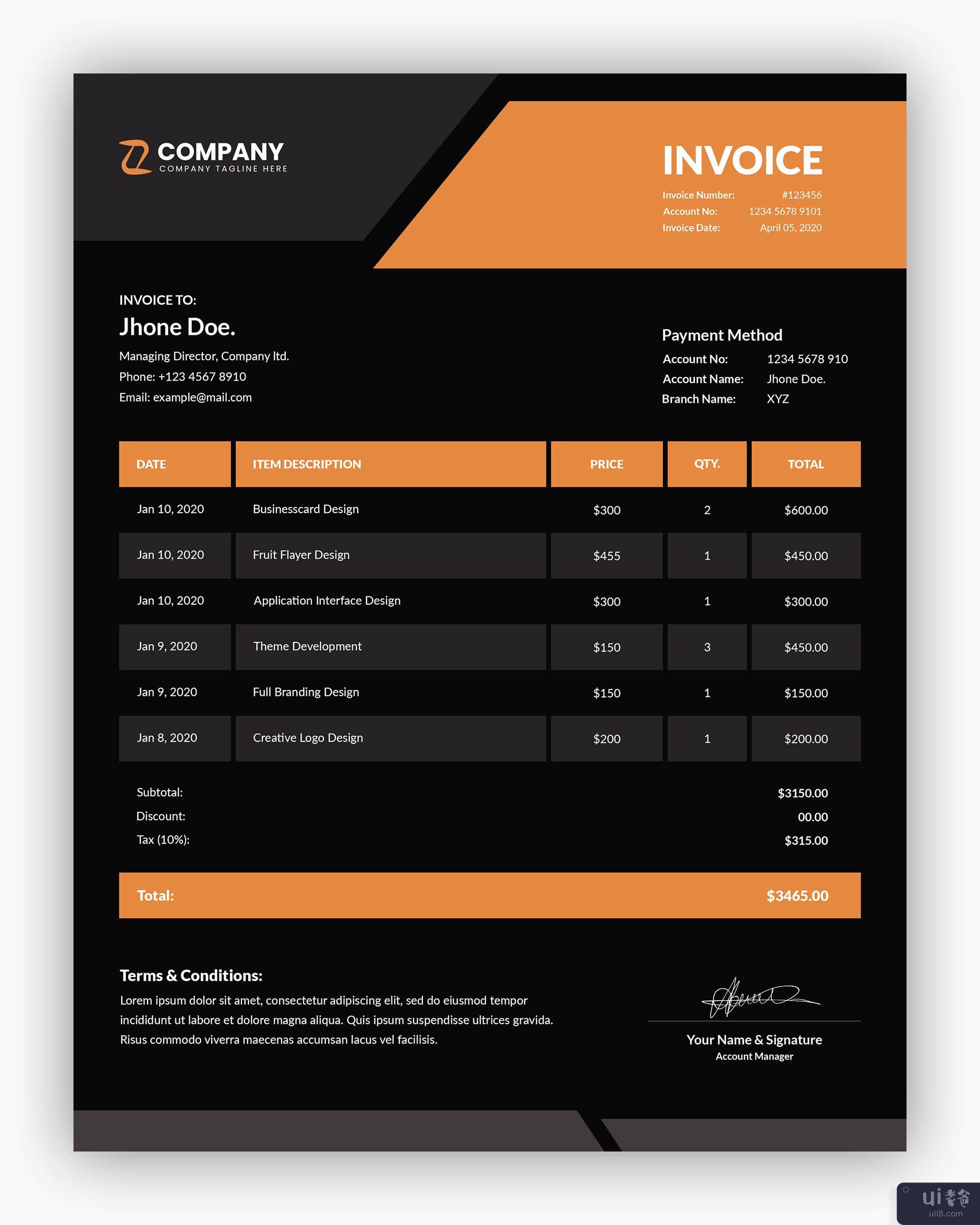 带有橙色业务发票模板的最小企业黑暗(Minimal corporate dark with orange business invoice template)插图