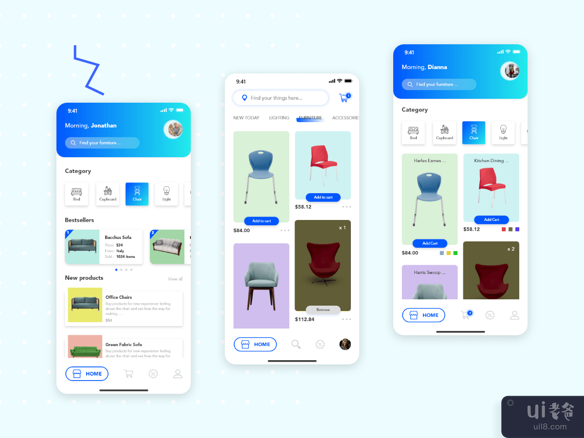 Three Options for Product List flat design concept for Furniture app