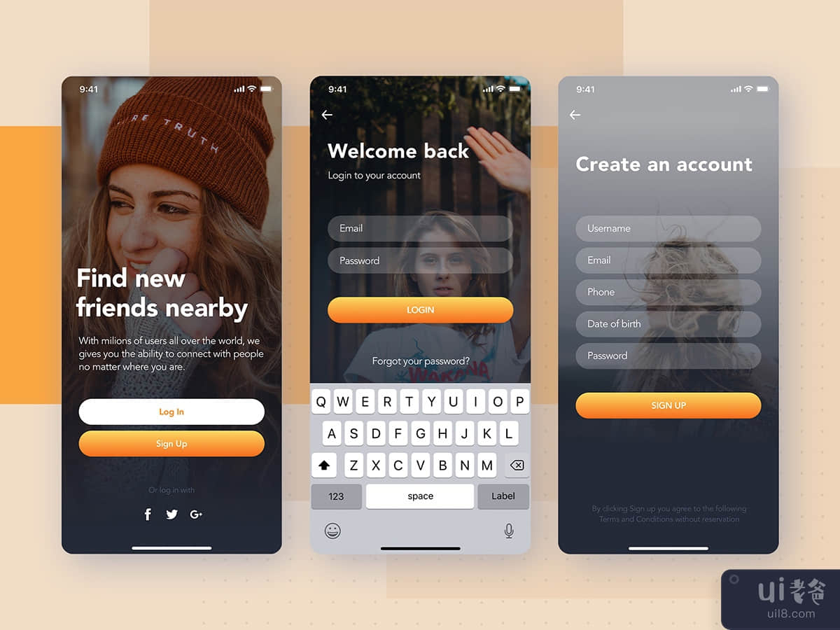 Login , Sign up - Social mobile UI concept