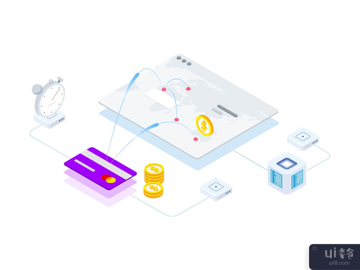 Transfers Money on Blockchain Isometric Illustration