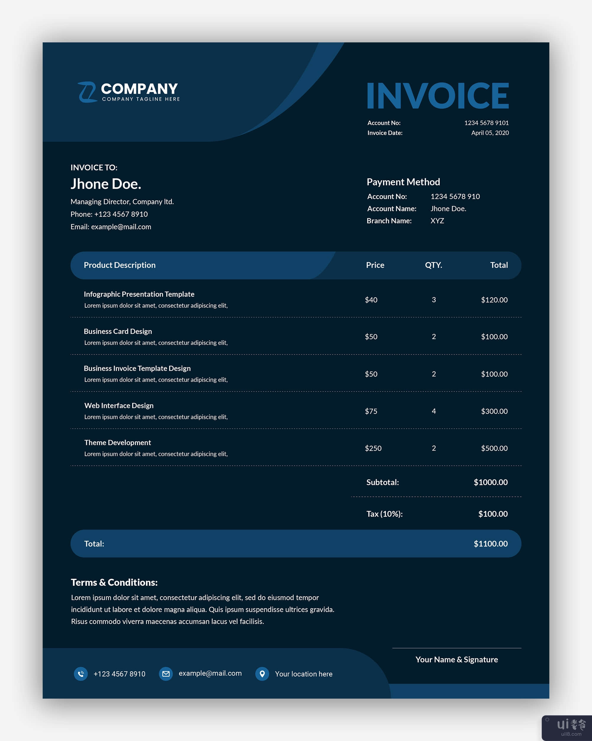 最小的企业黑暗业务发票模板(Minimal corporate dark business invoice template)插图
