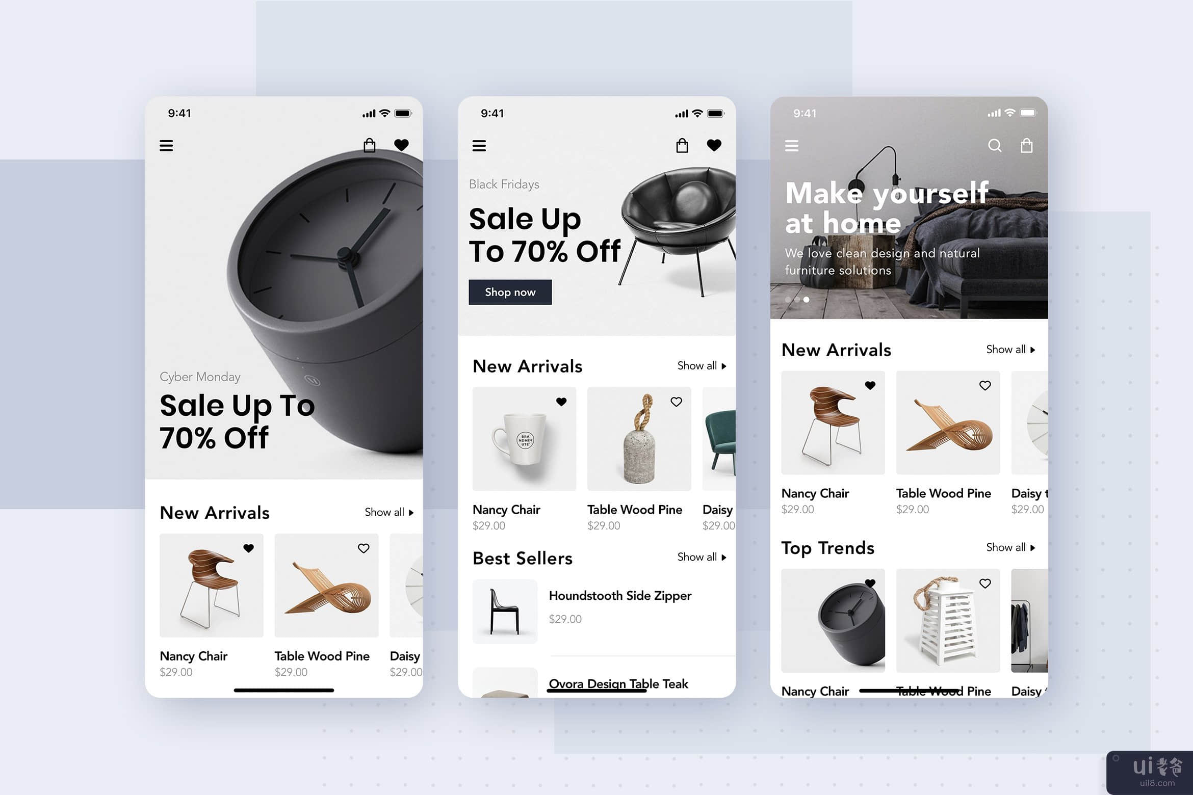 家具店手机App UI模板(Furniture Shop mobile App UI template)插图