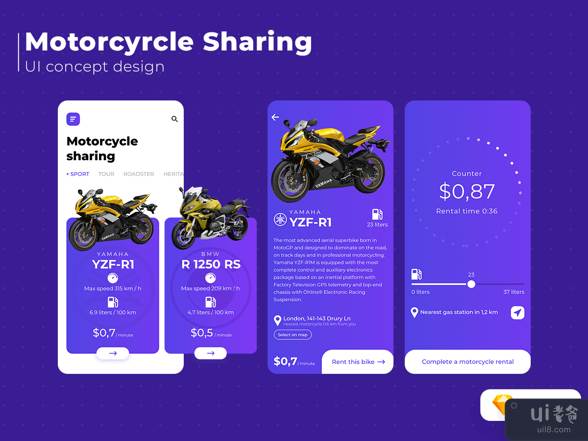 摩托车共享移动应用程序 UI 套件(Motorcyrcle sharing mobile app UI kits)插图1